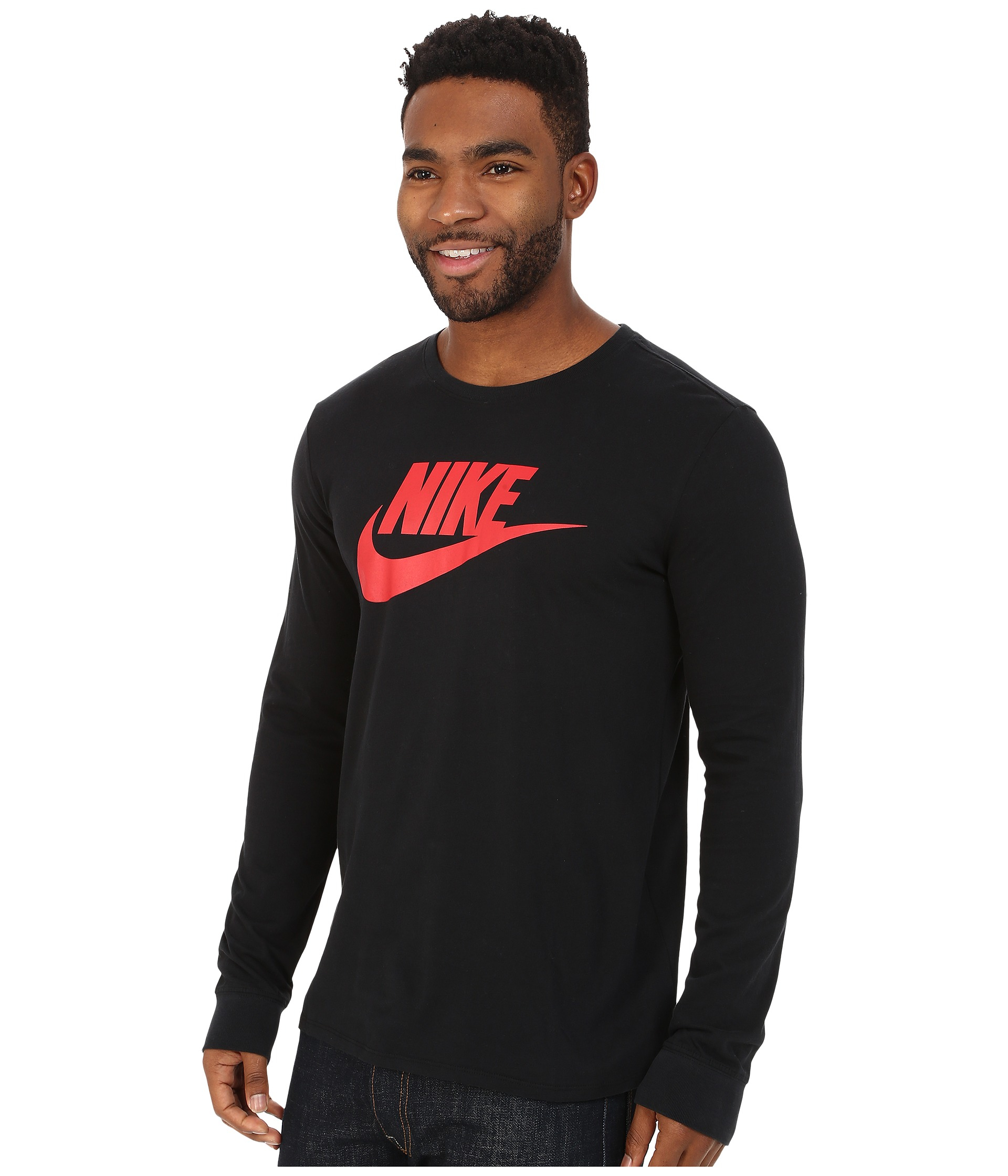black nike shirt with red logo