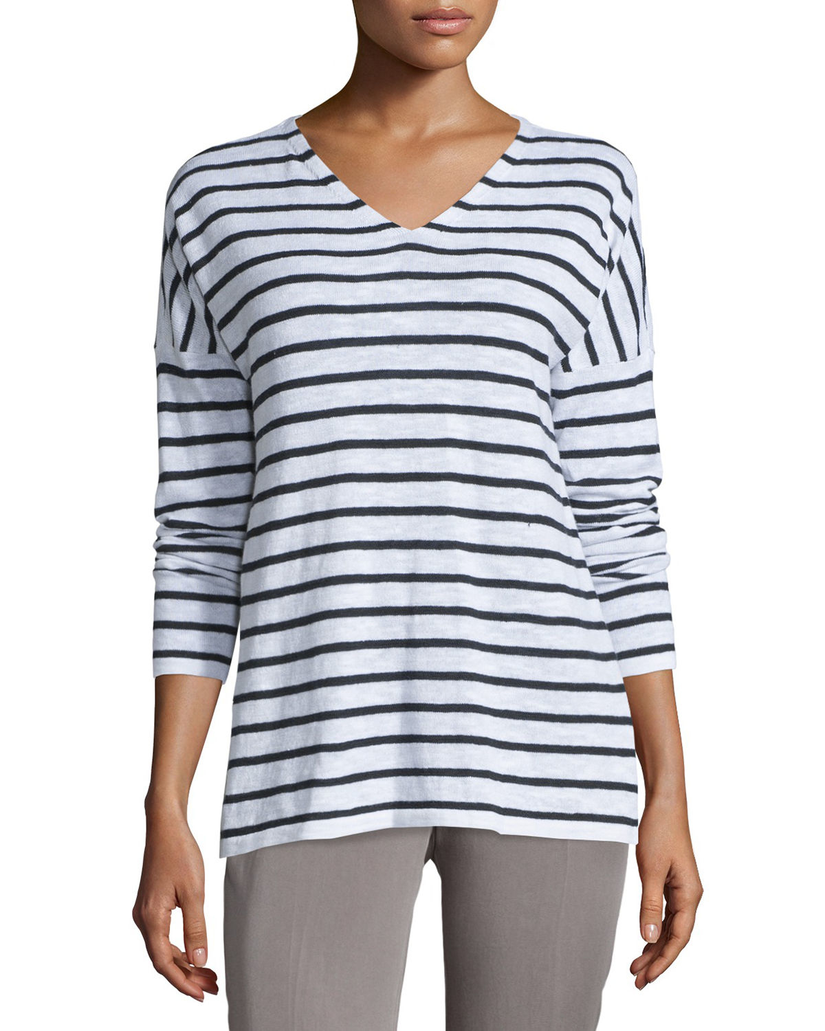Eileen fisher Long-sleeve V-neck Striped Top in White | Lyst