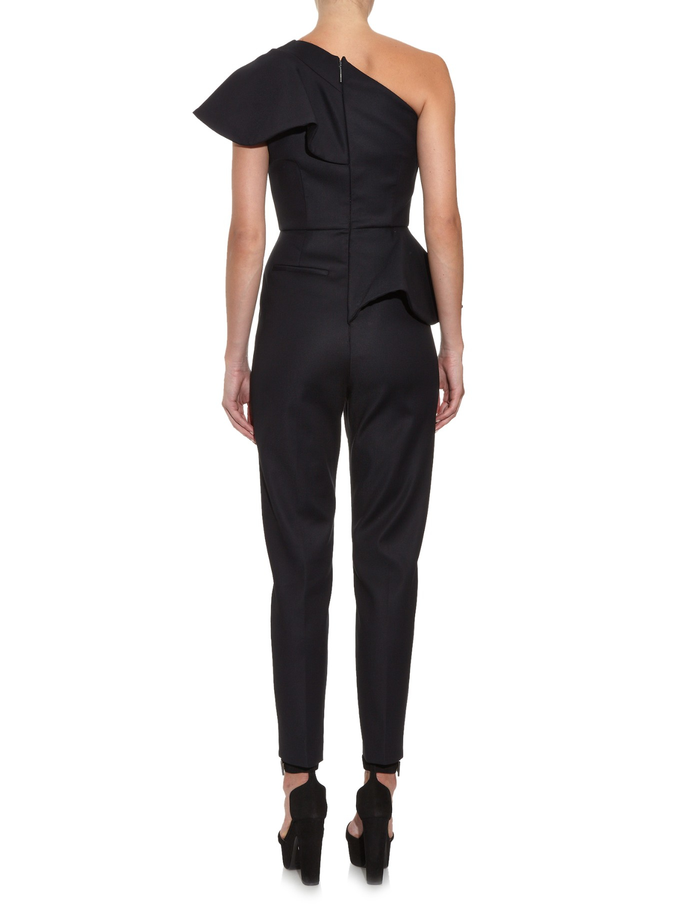 MSGM Ruffled One-shoulder Slim-leg Jumpsuit in Black - Lyst