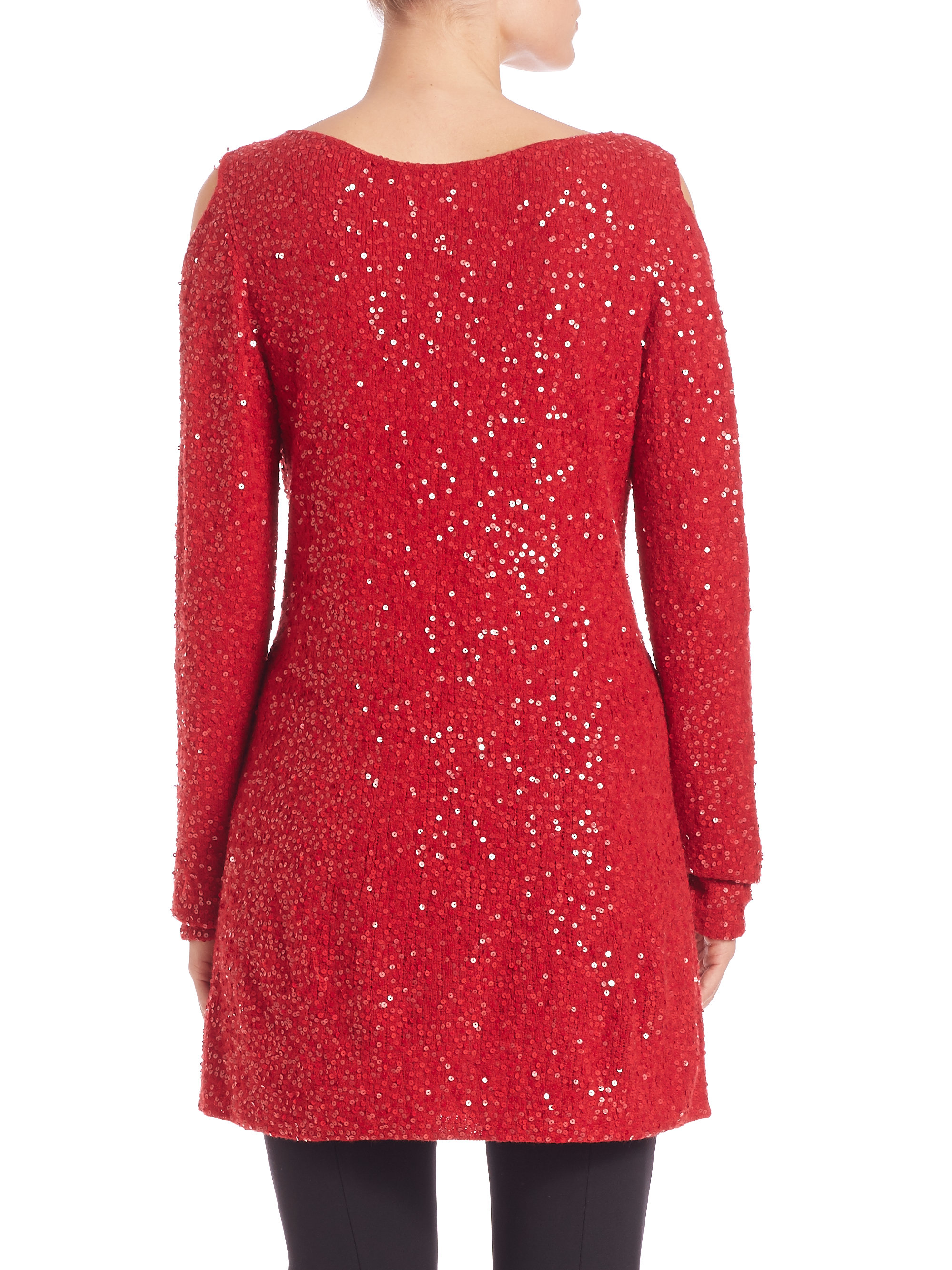 red sequin cold shoulder top