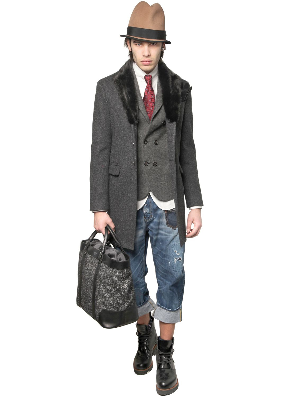 DSquared² Mink Fur Collar Heavy Wool Coat in Dark Grey ...