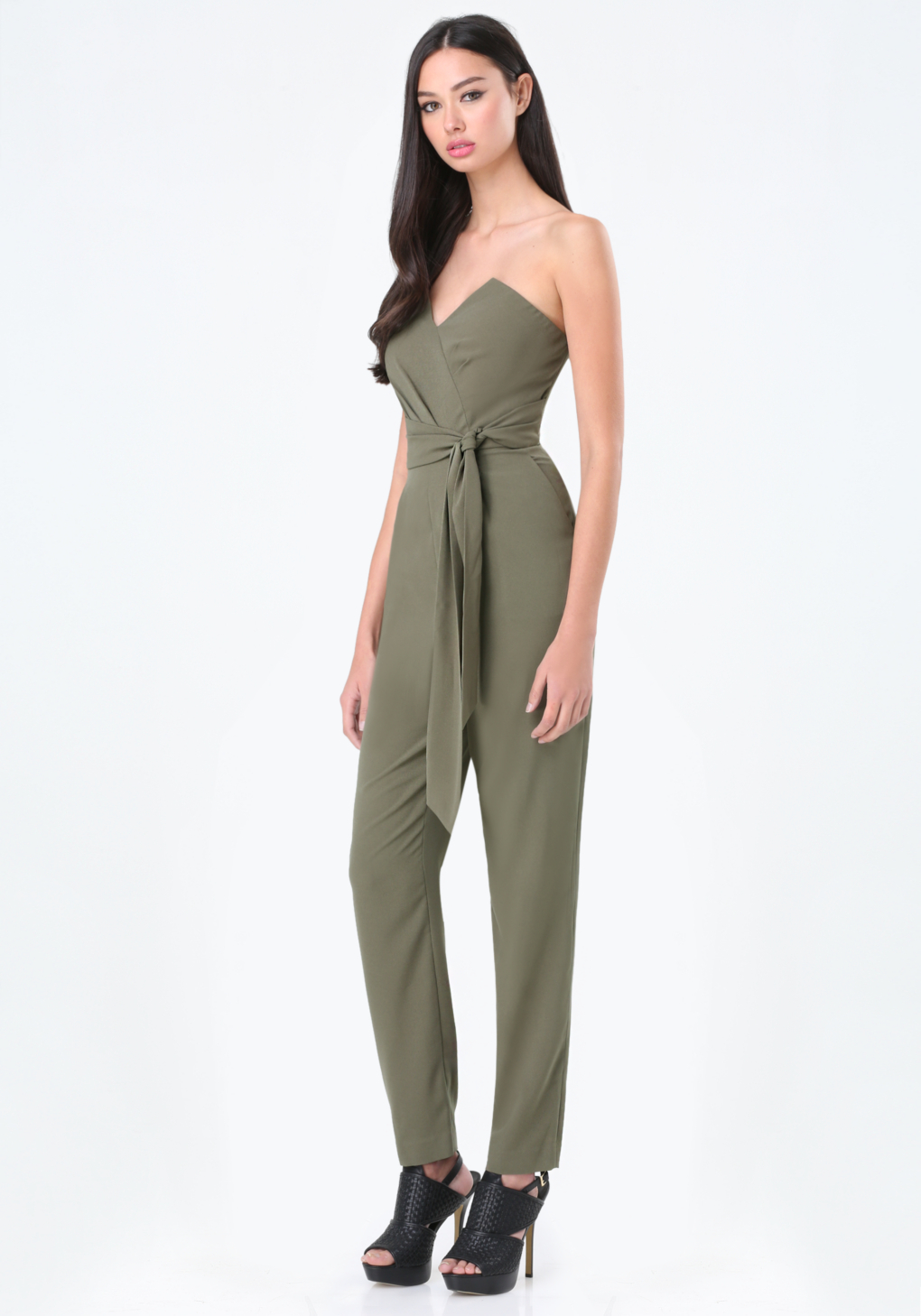 olive green strapless jumpsuit