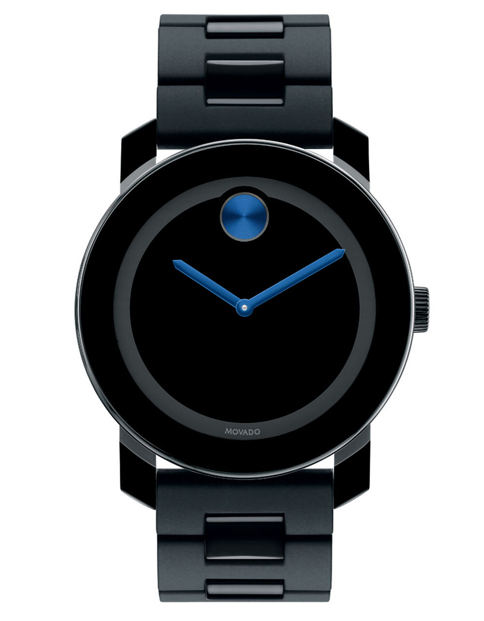 Movado bold Mens Black Stainless Steel Watch With Electric Blue Accents
