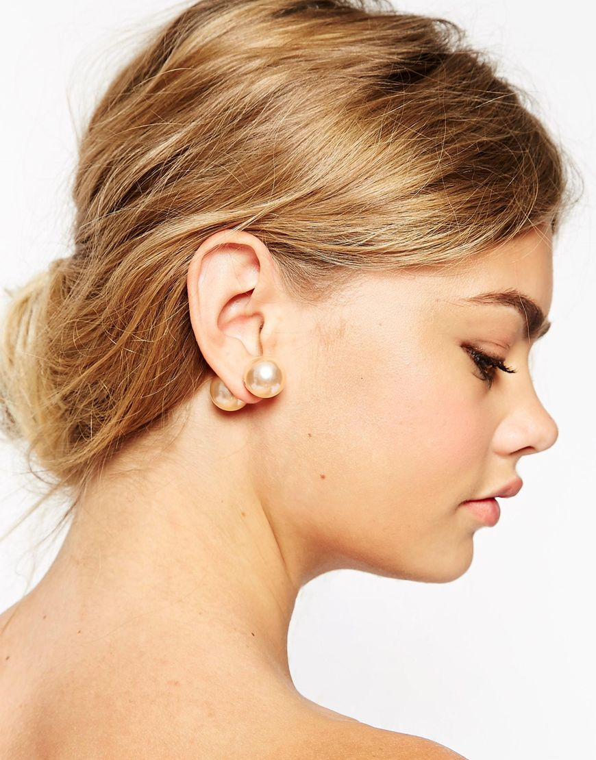 Lyst Asos Oversized Faux Pearl Double Earrings In Metallic Gallery