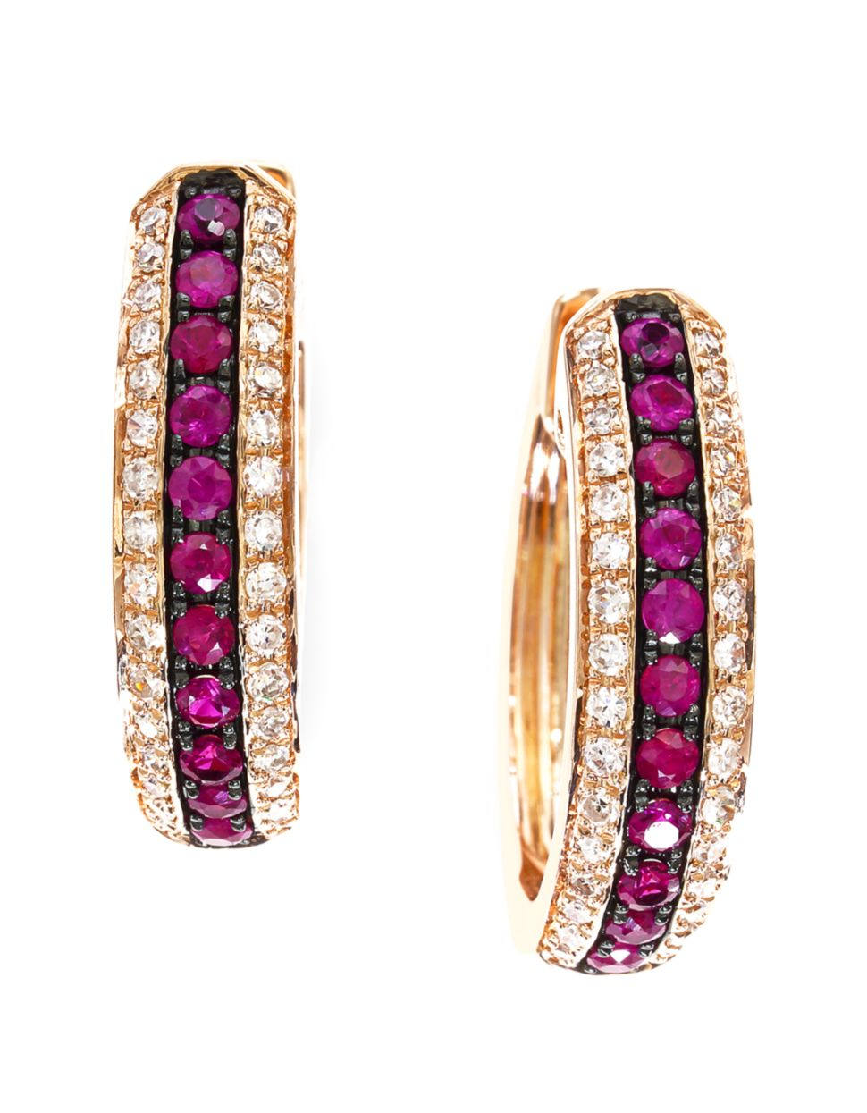 Effy Ruby, Diamond And 14K Rose Gold Hoop Earrings in Purple (Ruby/Rose