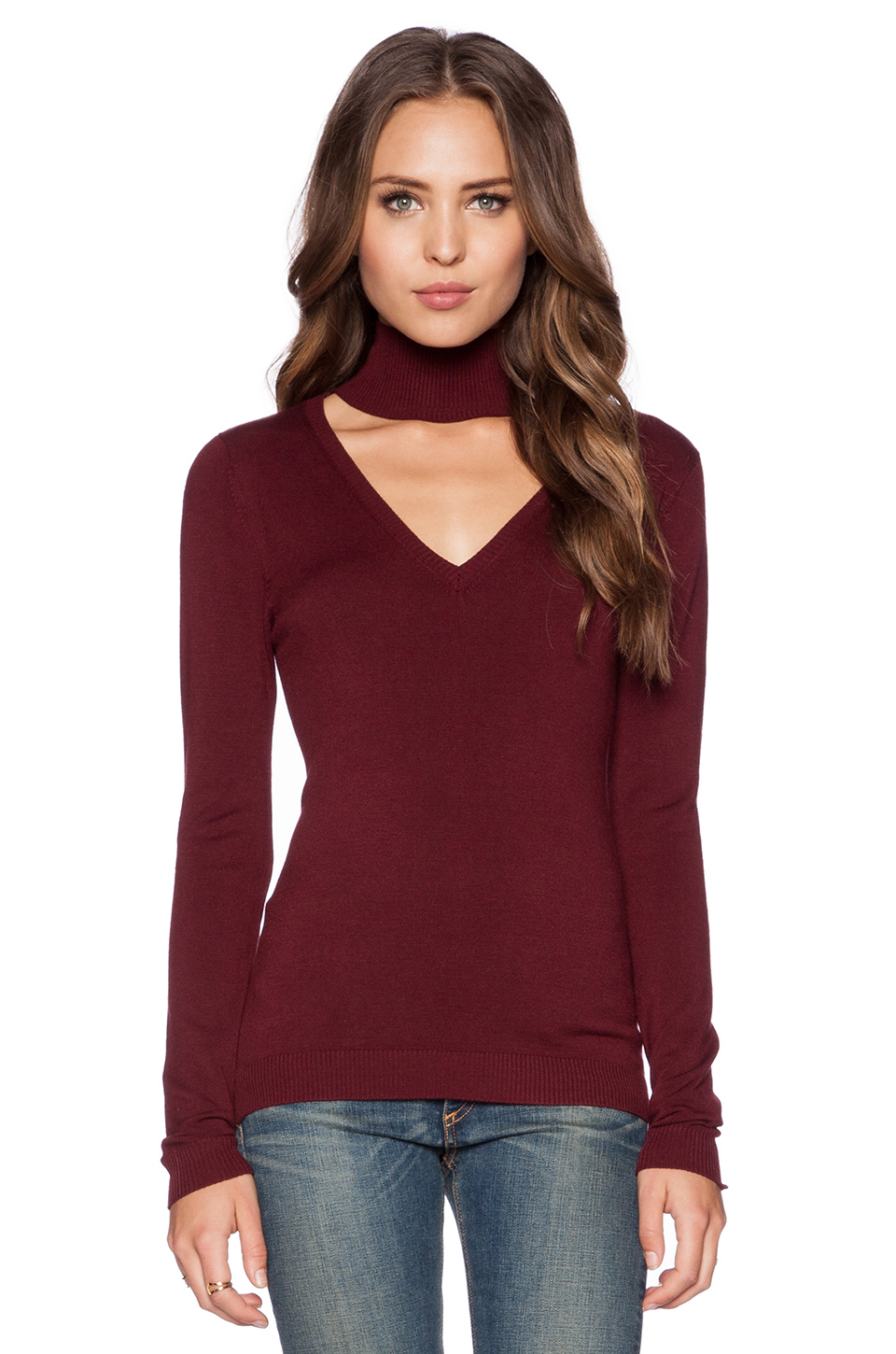 Download 525 America Mock Neck V Front Sweater in Oxblood (Purple ...