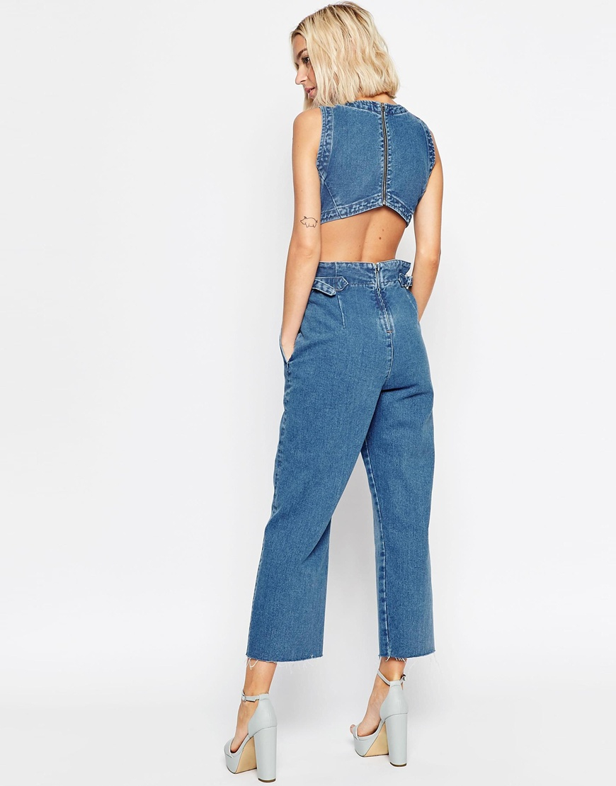 ASOS Denim Wide Leg Cut Out Jumpsuit In Pretty Vintage Wash in
