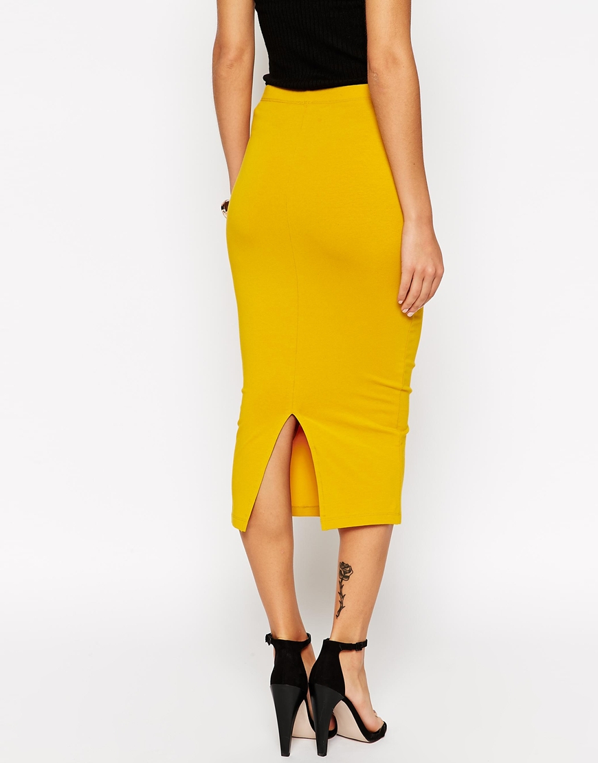 Asos Midi Pencil Skirt In Jersey in Yellow | Lyst