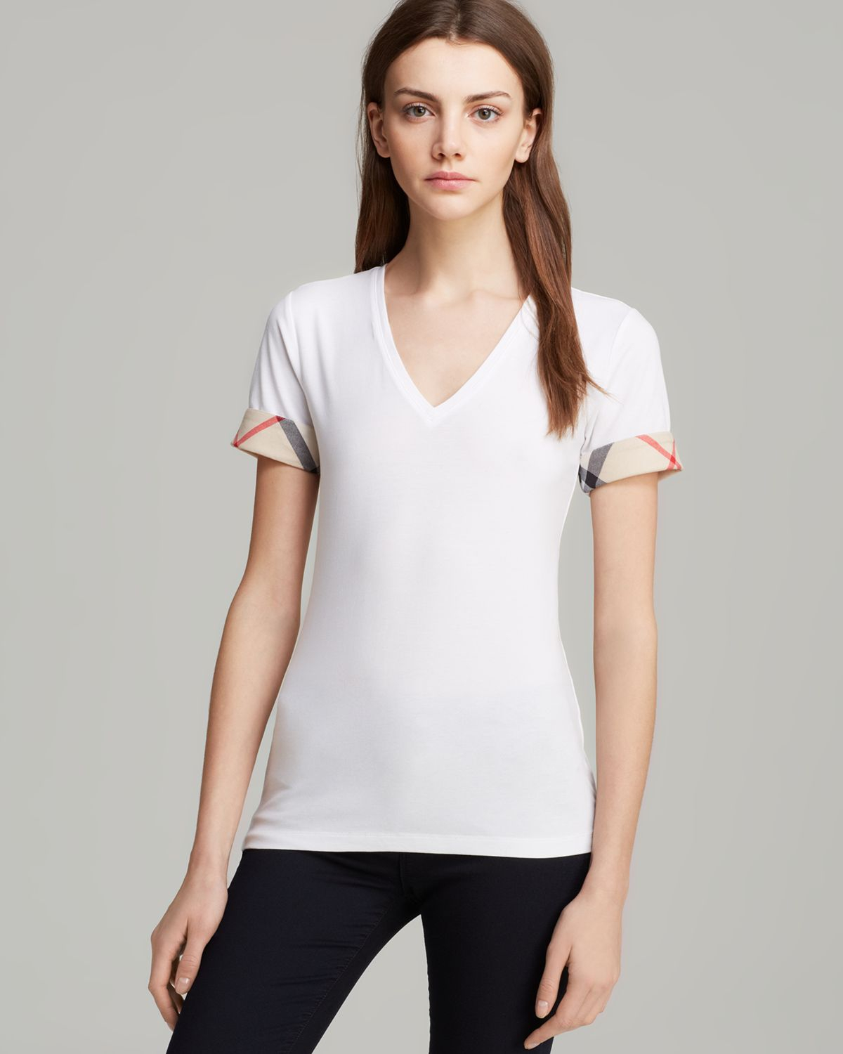 Burberry Brit Vneck Check Cuff Tee in White | Lyst