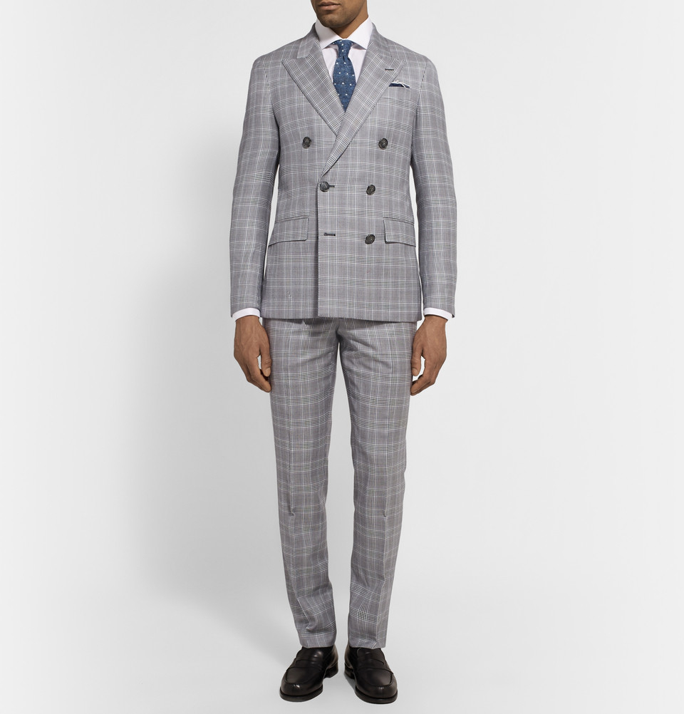 Hackett Grey Double-Breasted Prince Of Wales Checked Wool Suit in Blue ...