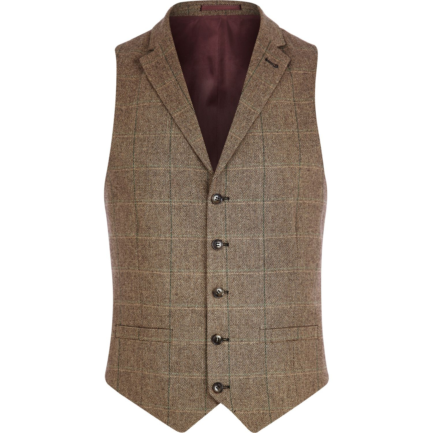 River island Light Brown Check Single Breasted Waistcoat in Brown for ...