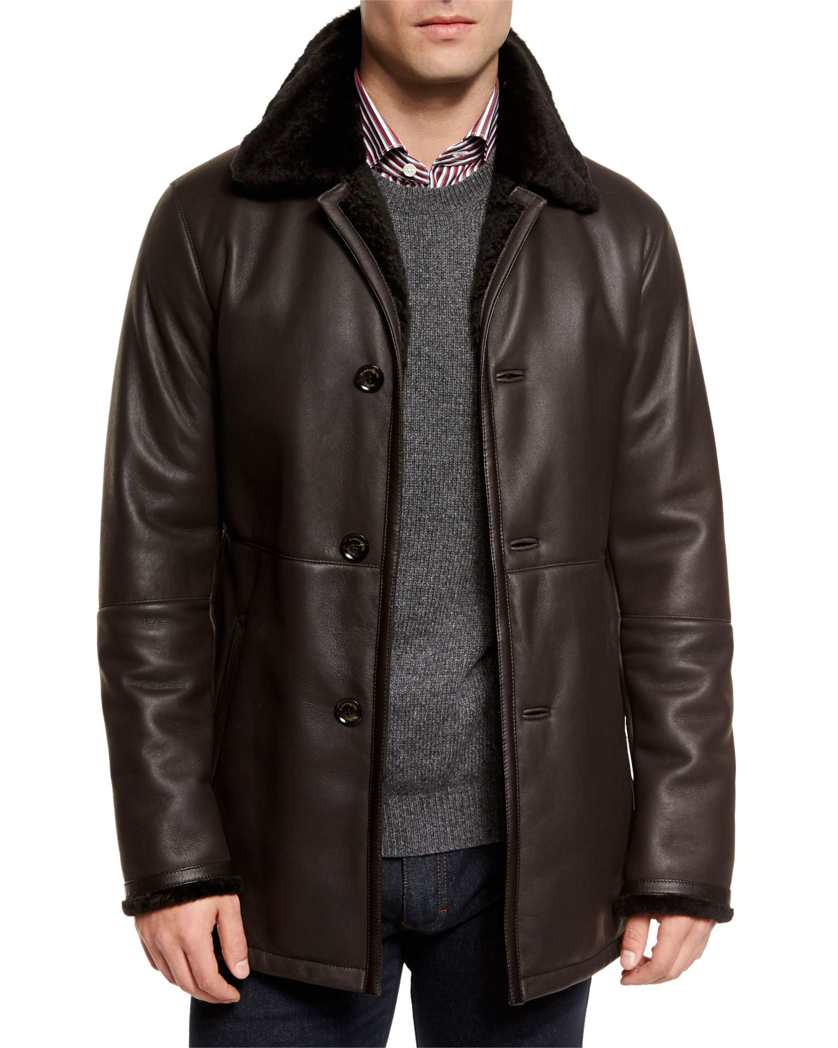 Ermenegildo Zegna Leather Jacket With Shearling Furlined Collar in