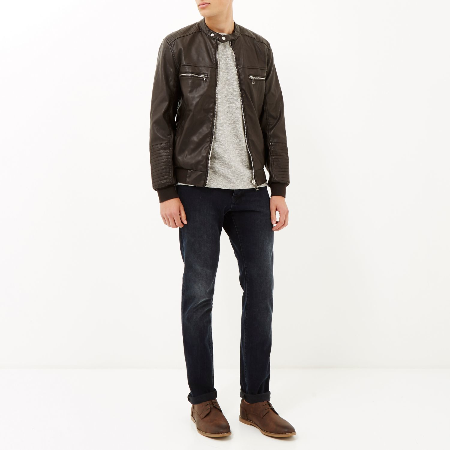 River island Dark Brown Leather-look Bomber Jacket in Brown for