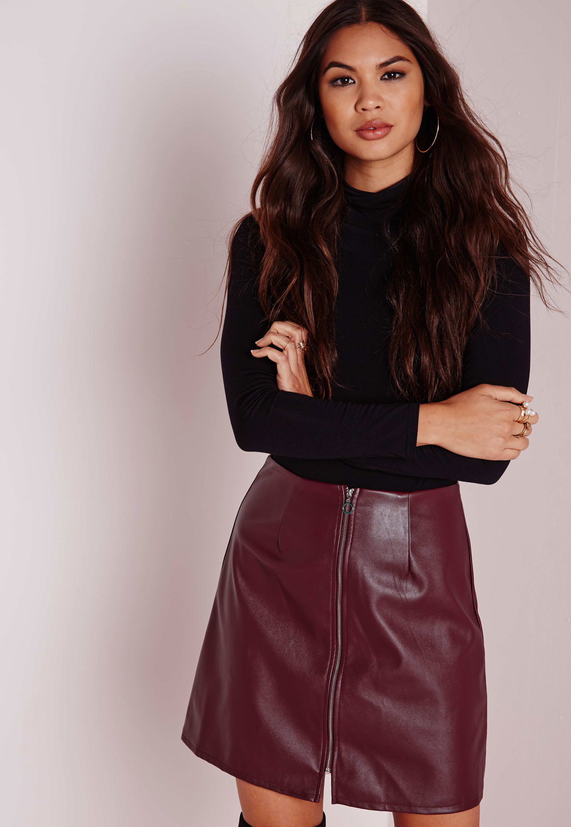 Missguided Zip Front Faux Leather A Line Skirt Burgundy in Red - Lyst