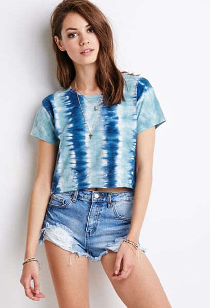 Forever 21 Tie-Dye Boxy Tee in Blue (BLUE/WHITE)