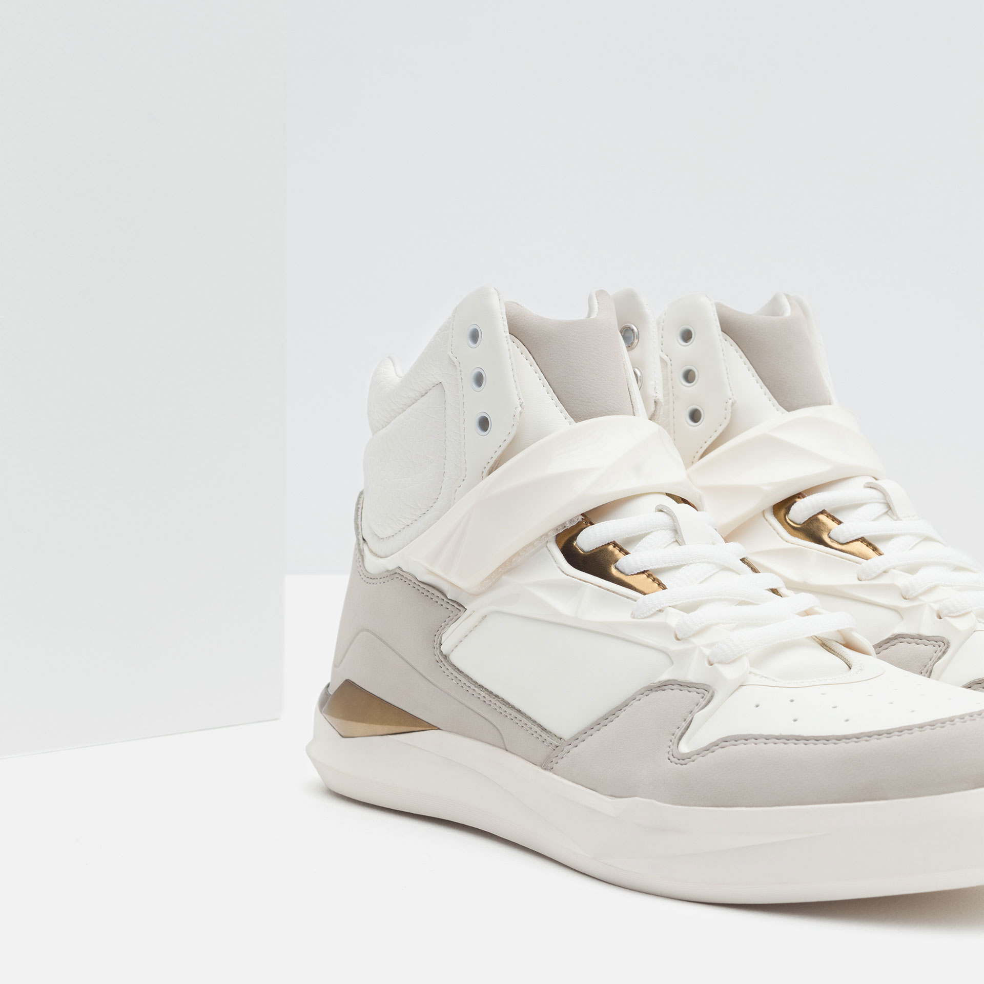 Zara High Top Sneakers With Gold Toned Details In Natural Lyst