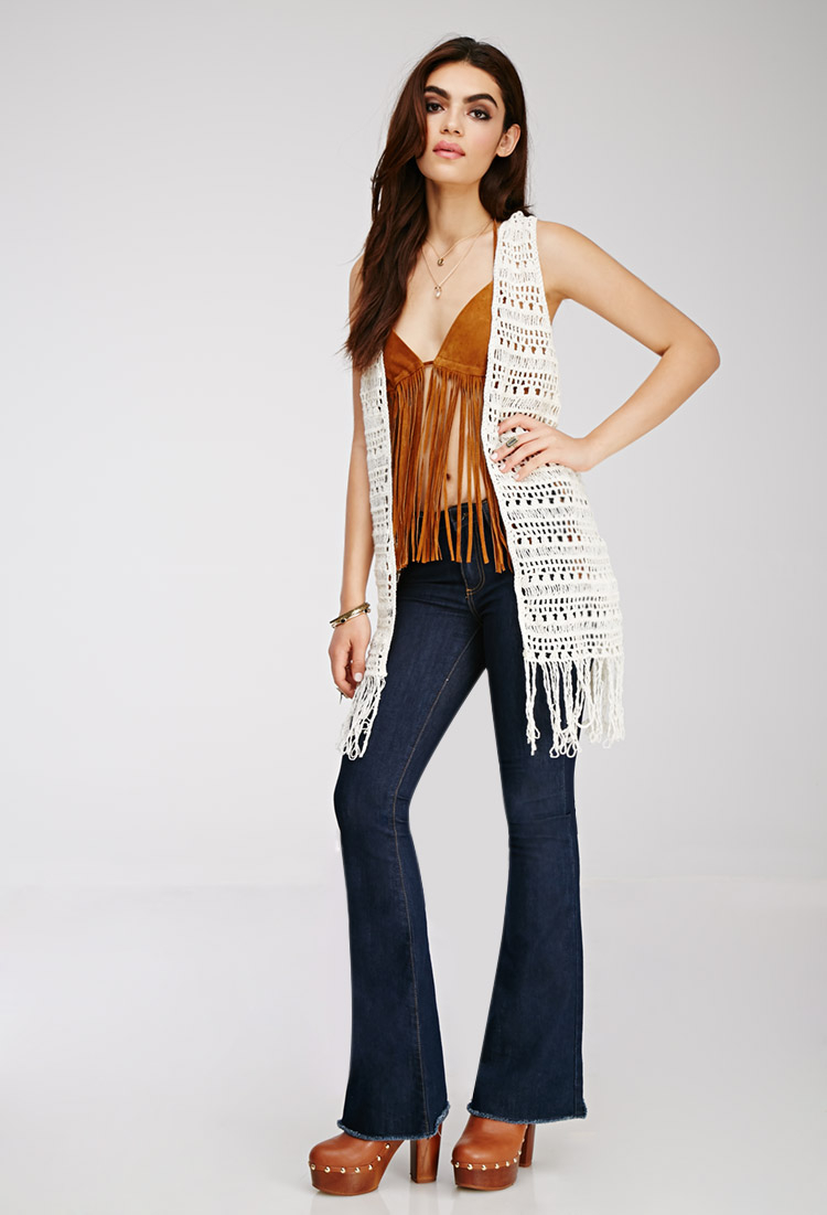 Forever 21 Denim Fringed Crochet Vest 