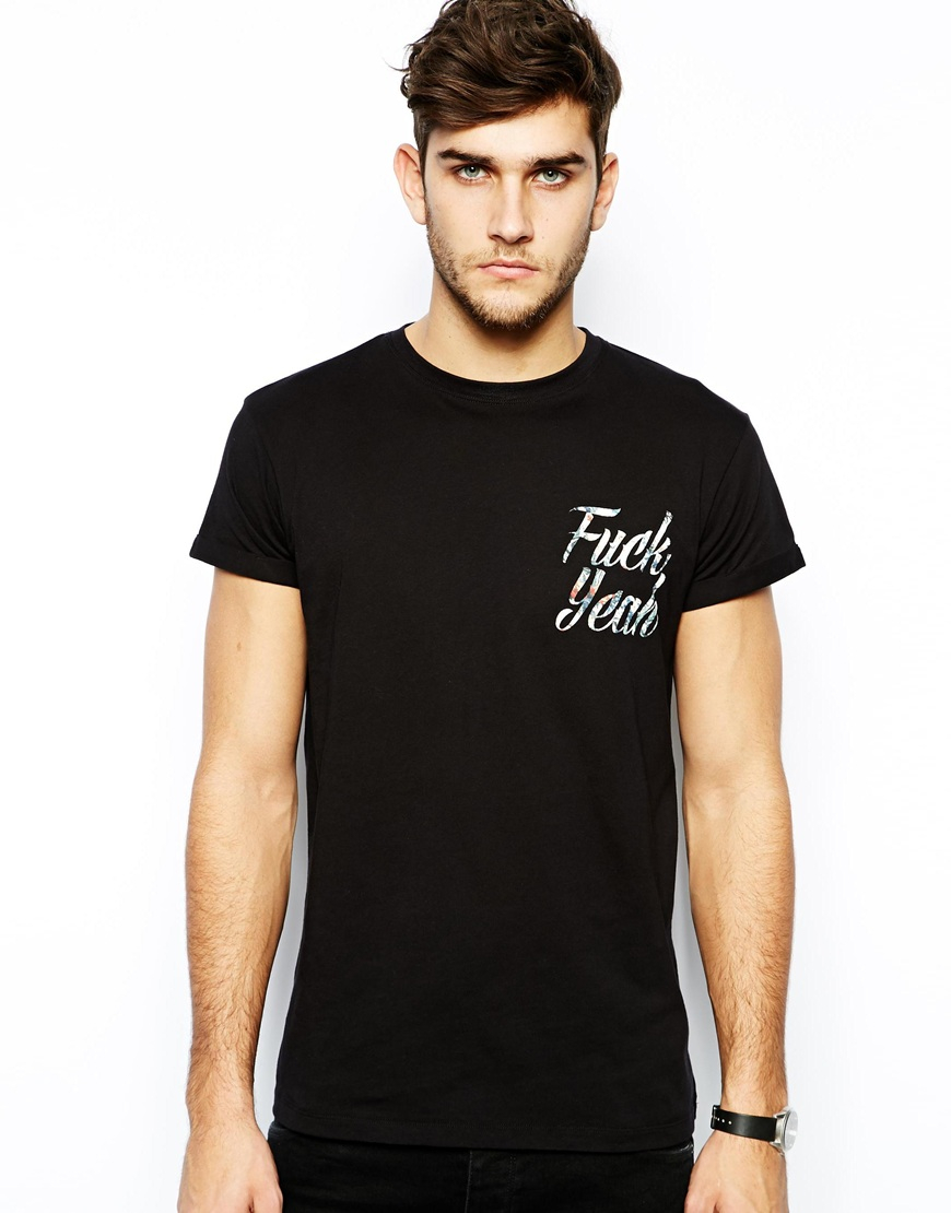 Asos Tshirt with Fuck Yeah Print and Rolled Sleeve Skater Fit in Black ...
