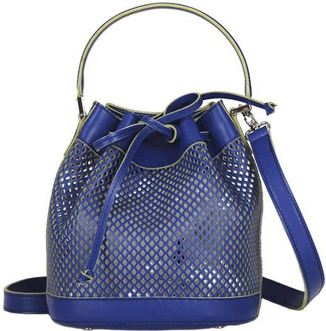 Alexandra De Curtis Blue Perforated Leather Mini Bucket Bag in Blue