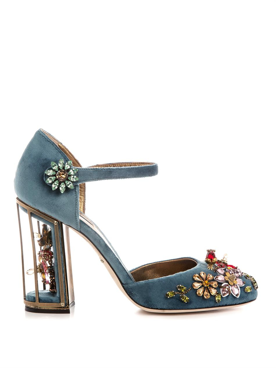 Dolce & Gabbana Embellished Velvet Cage-heel Pumps in Blue - Lyst