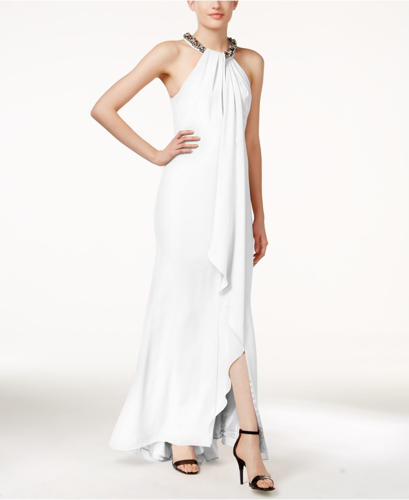 calvin klein draped chiffon halter gown