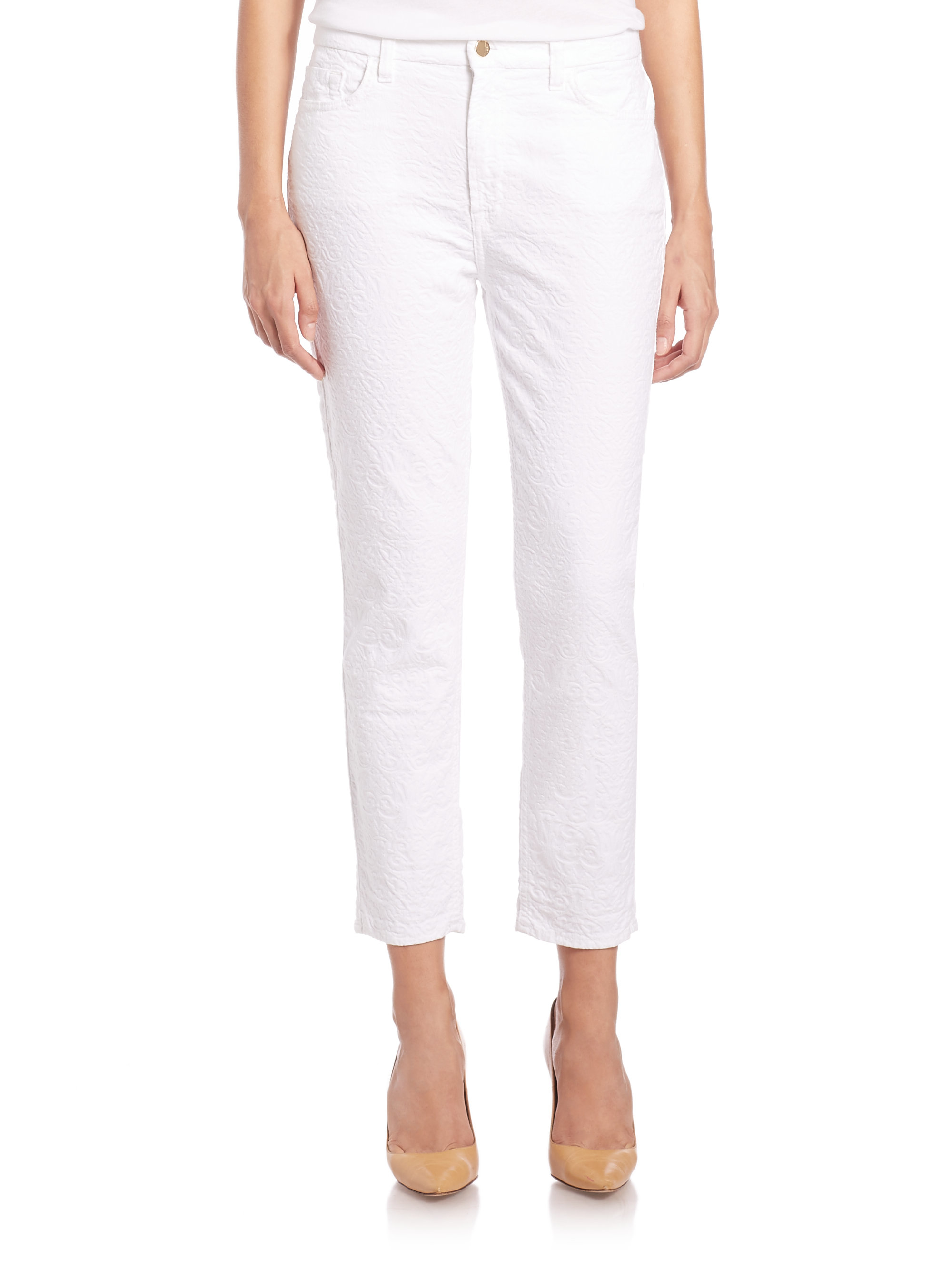 Jen7 Cropped Slim Jacquard Jeans in White | Lyst