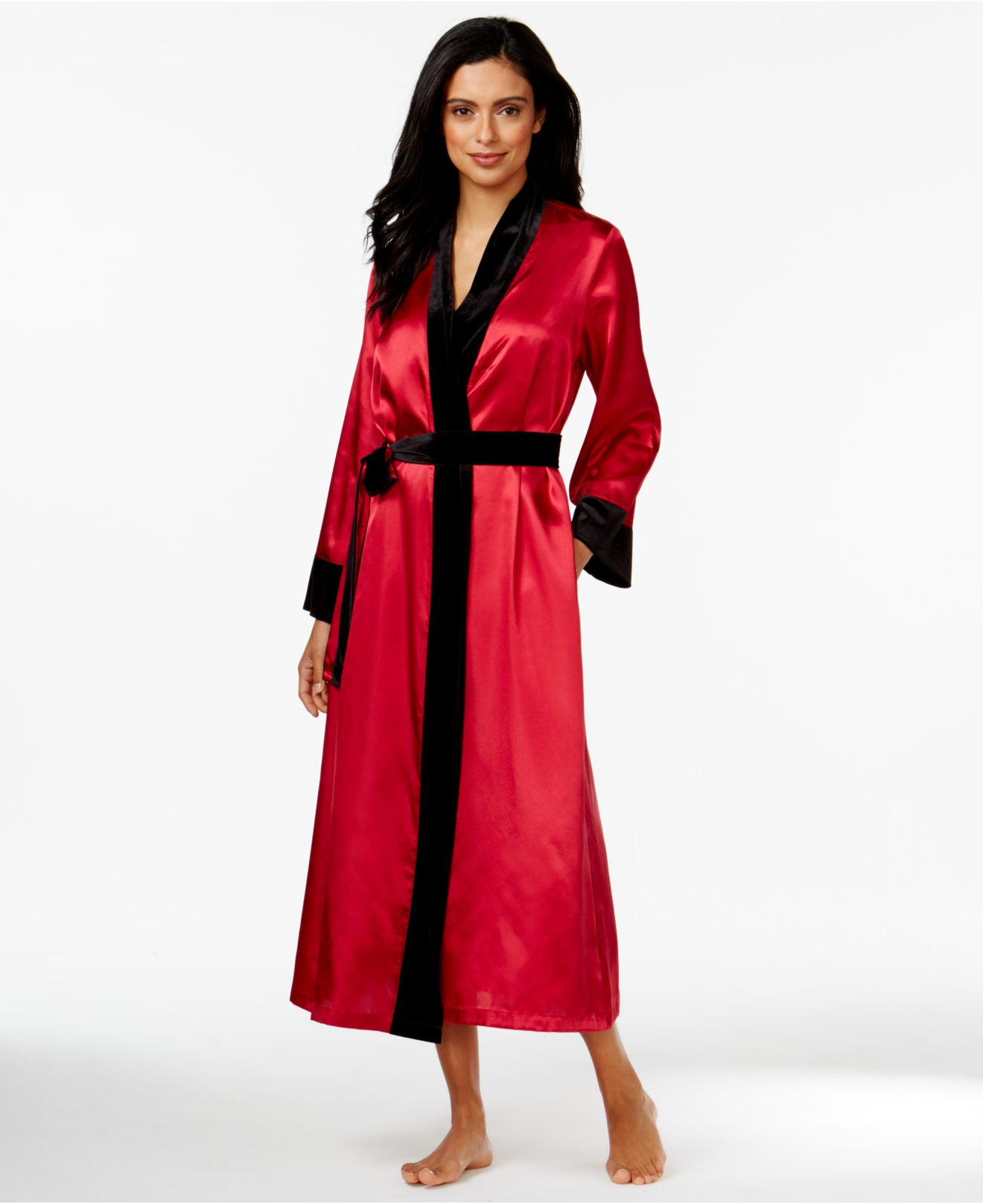 Morgan Taylor Long Satin Robe With Velour Trim in Black | Lyst