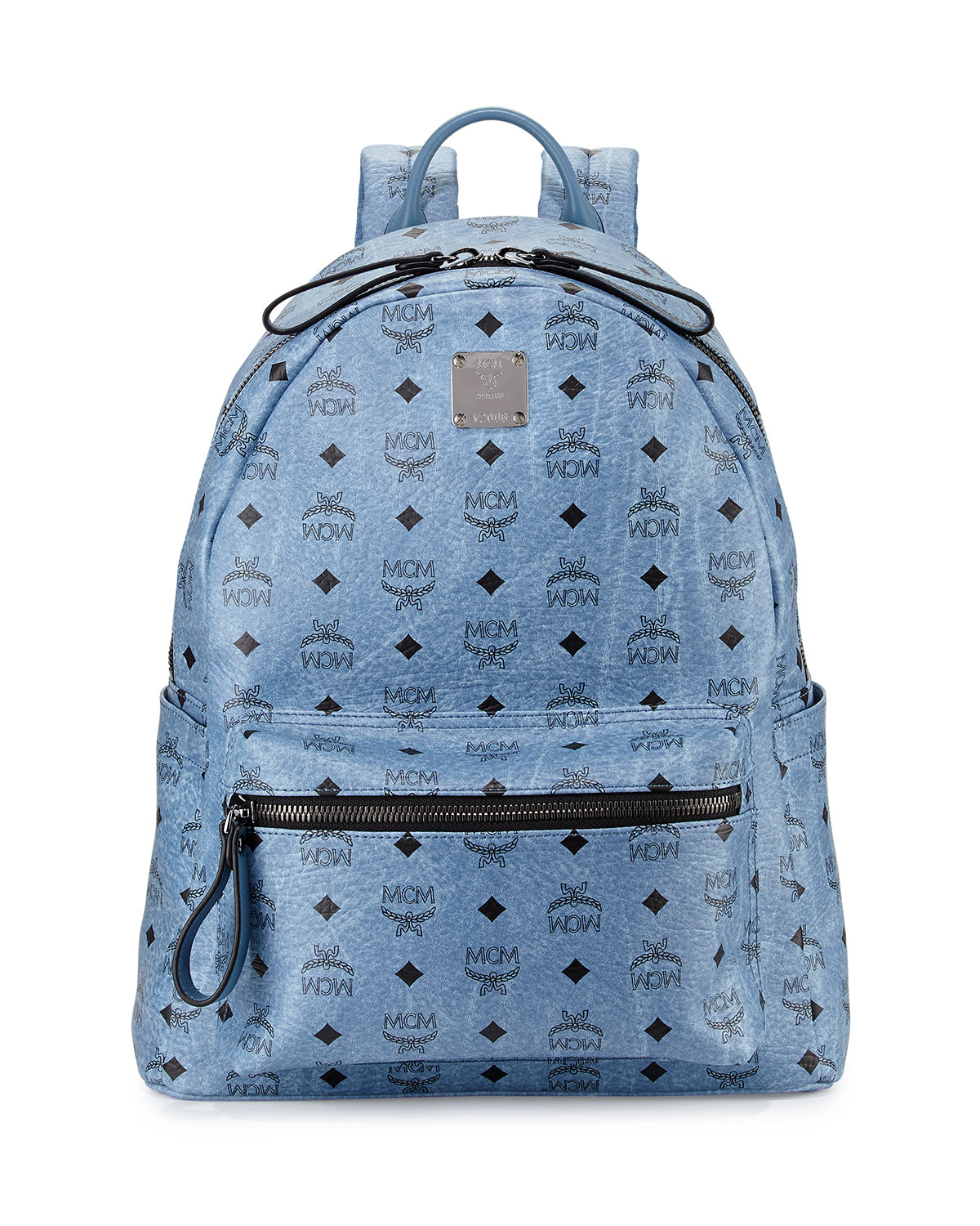 blue mcm backpack with studs