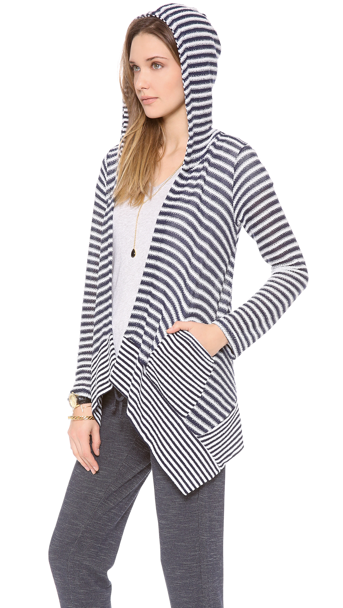Lyst Splendid Deco Stripe Loose Knit Hooded Cardigan in White