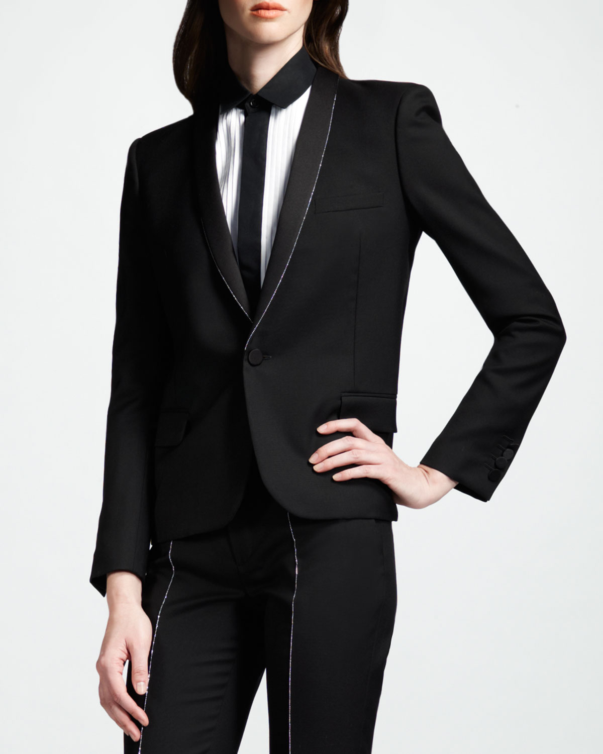 Saint Laurent Womens Studded Gabardine Tuxedo Jacket in Black (nero) | Lyst