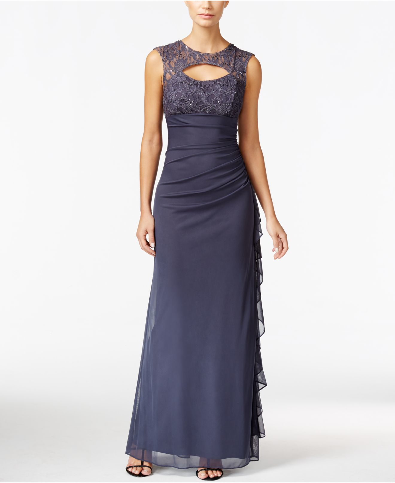 betsy and adam ruched lace sheath dress