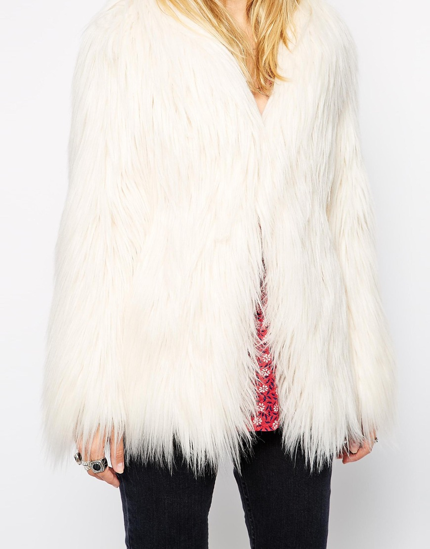 Pepe Jeans Long Hair Faux Fur Coat In Cream Natural Lyst