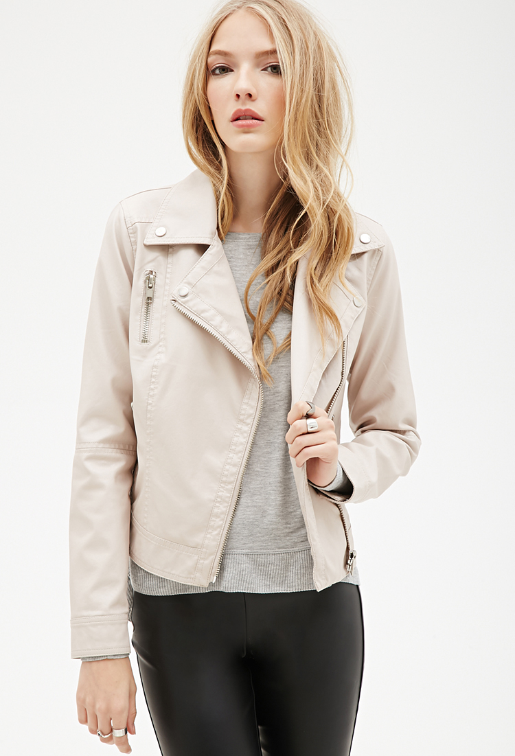 Forever 21 Zippered Faux Leather Moto Jacket In Natural Lyst Gallery