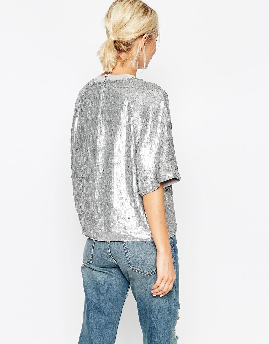 Asos Glitter Sequin Silver Sweat T - Shirt in Metallic | Lyst