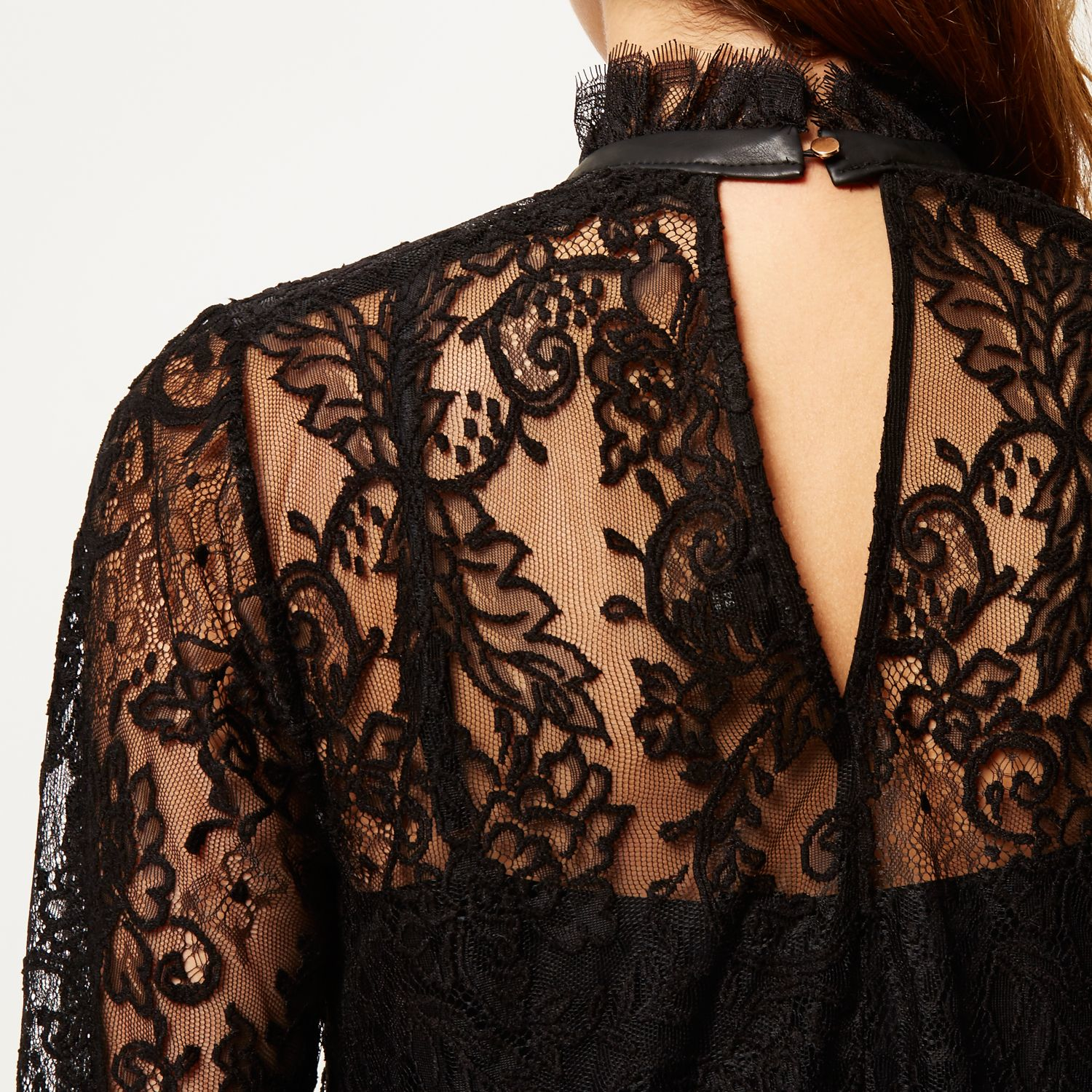 River Island Black Lace High Neck Blouse - Lyst