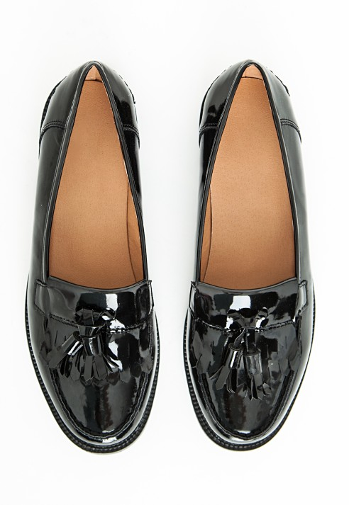 black patent tassel fringe trim loafers
