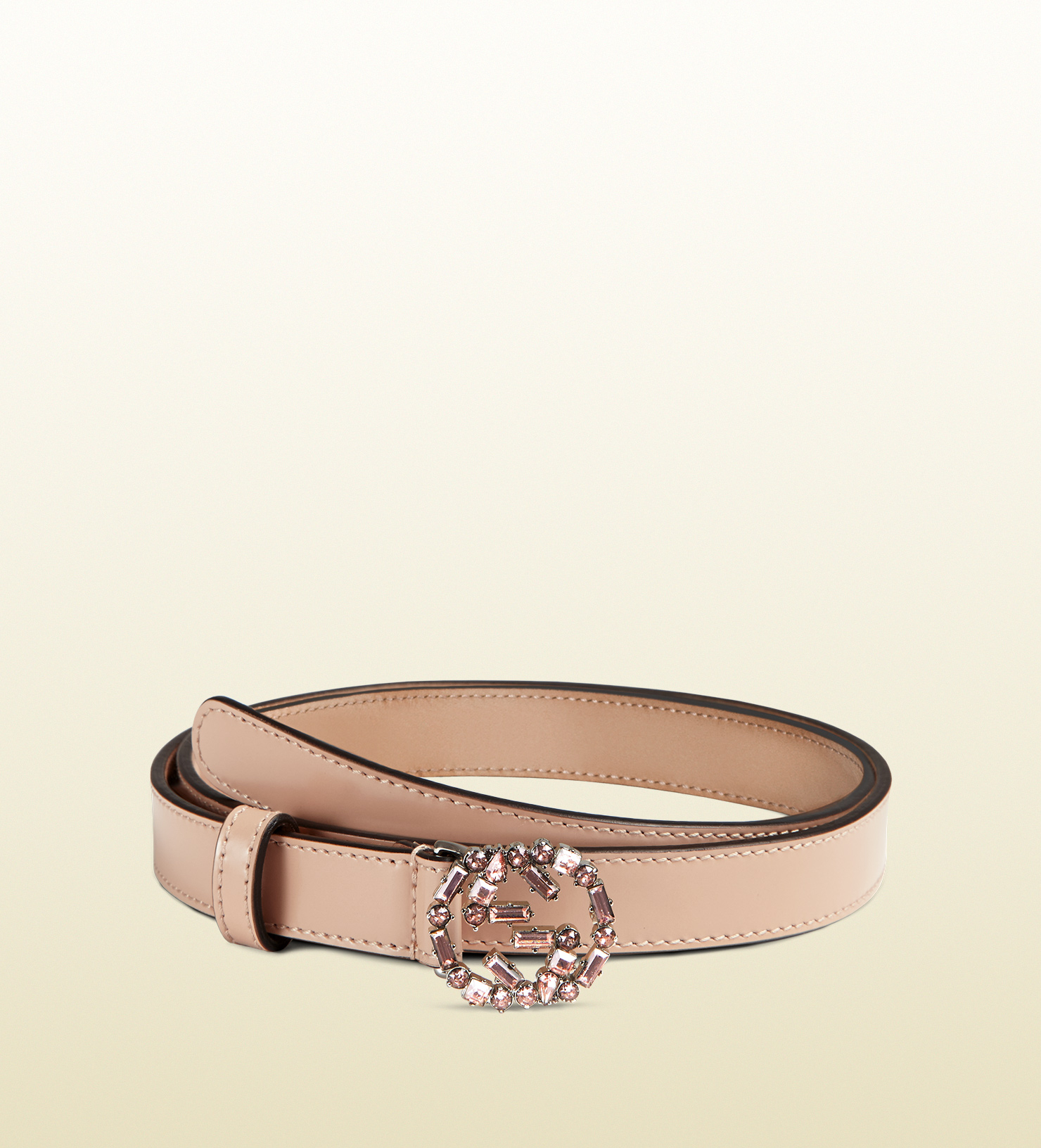 Gucci Thin Leather Belt With Crystal Interlocking G Buckle in Natural for Men | Lyst