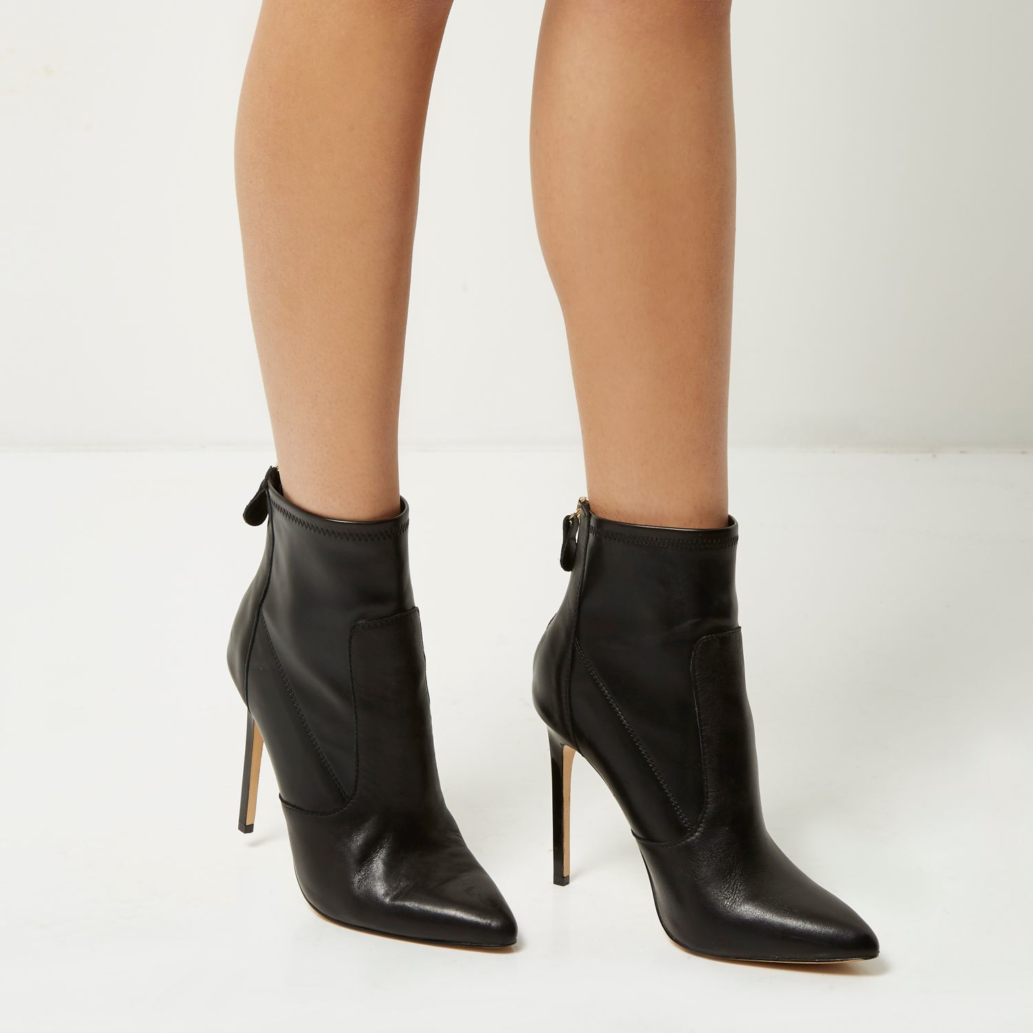 River Island Black Leather Stretch Heeled Ankle Boots - Lyst