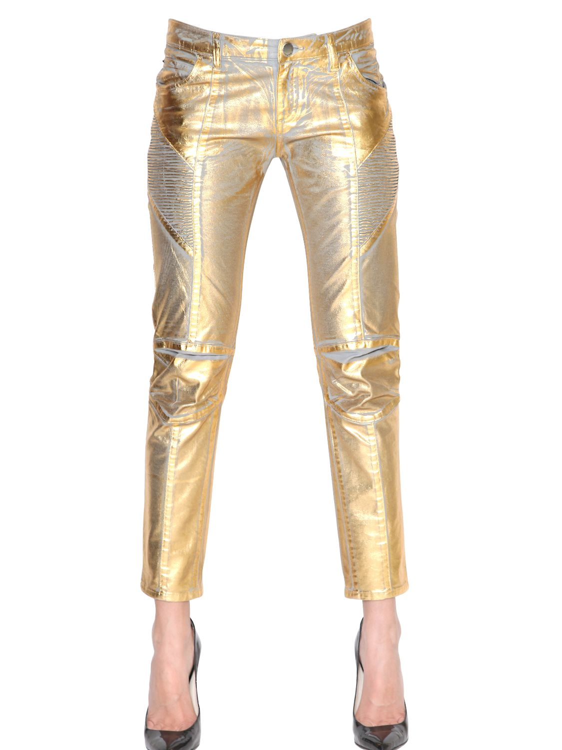 Balmain Stretch Coated Cotton Denim Jeans in Gold (Metallic) - Lyst
