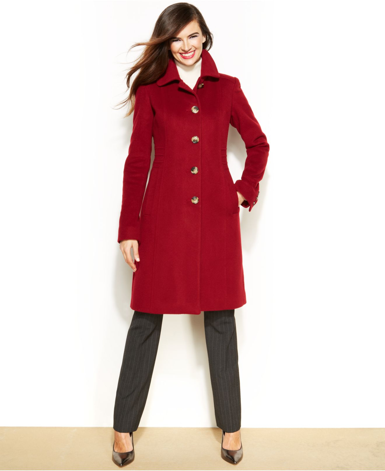 Anne Klein Petite Wool-Cashmere-Blend Walker Coat in Red | Lyst