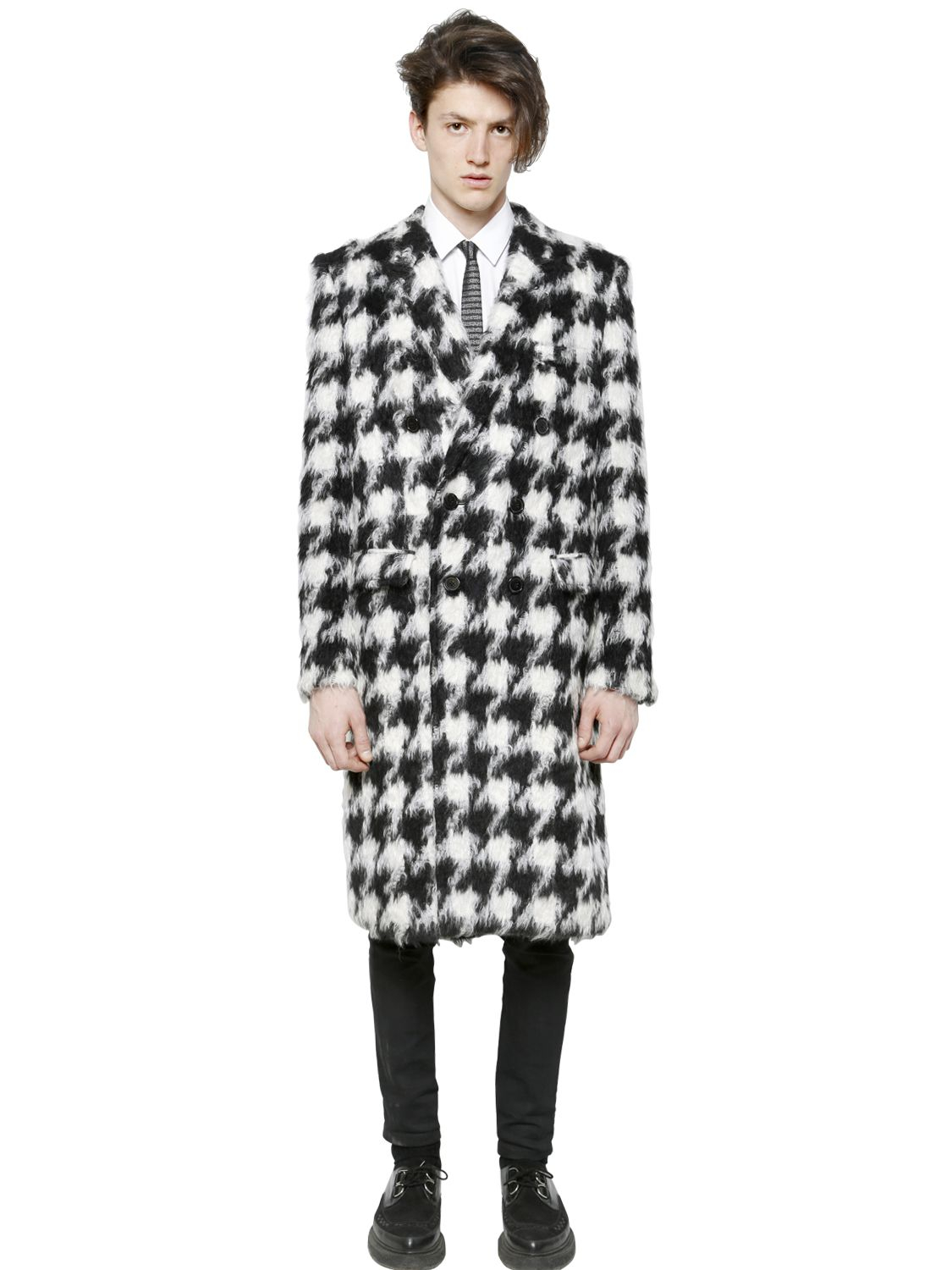Saint Laurent Houndstooth Wool Blend Coat in Black for Men | Lyst