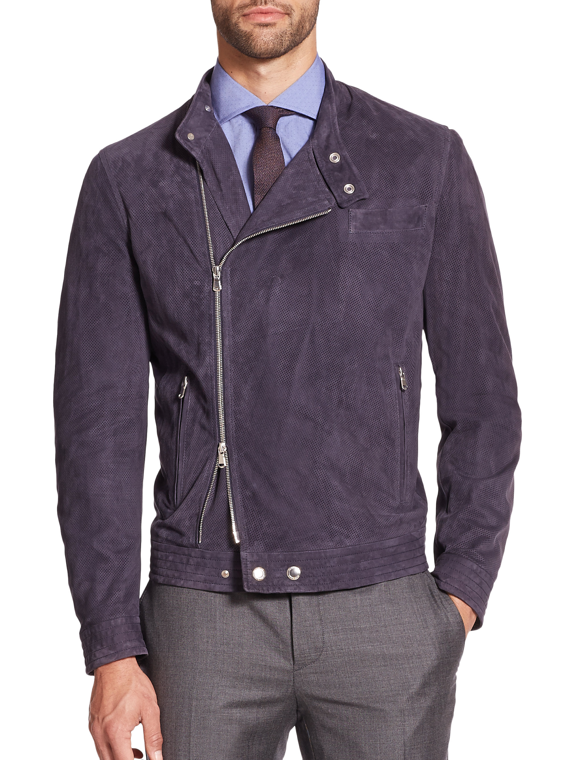Lyst - Brunello cucinelli Perforated Suede Moto Jacket in Blue for Men