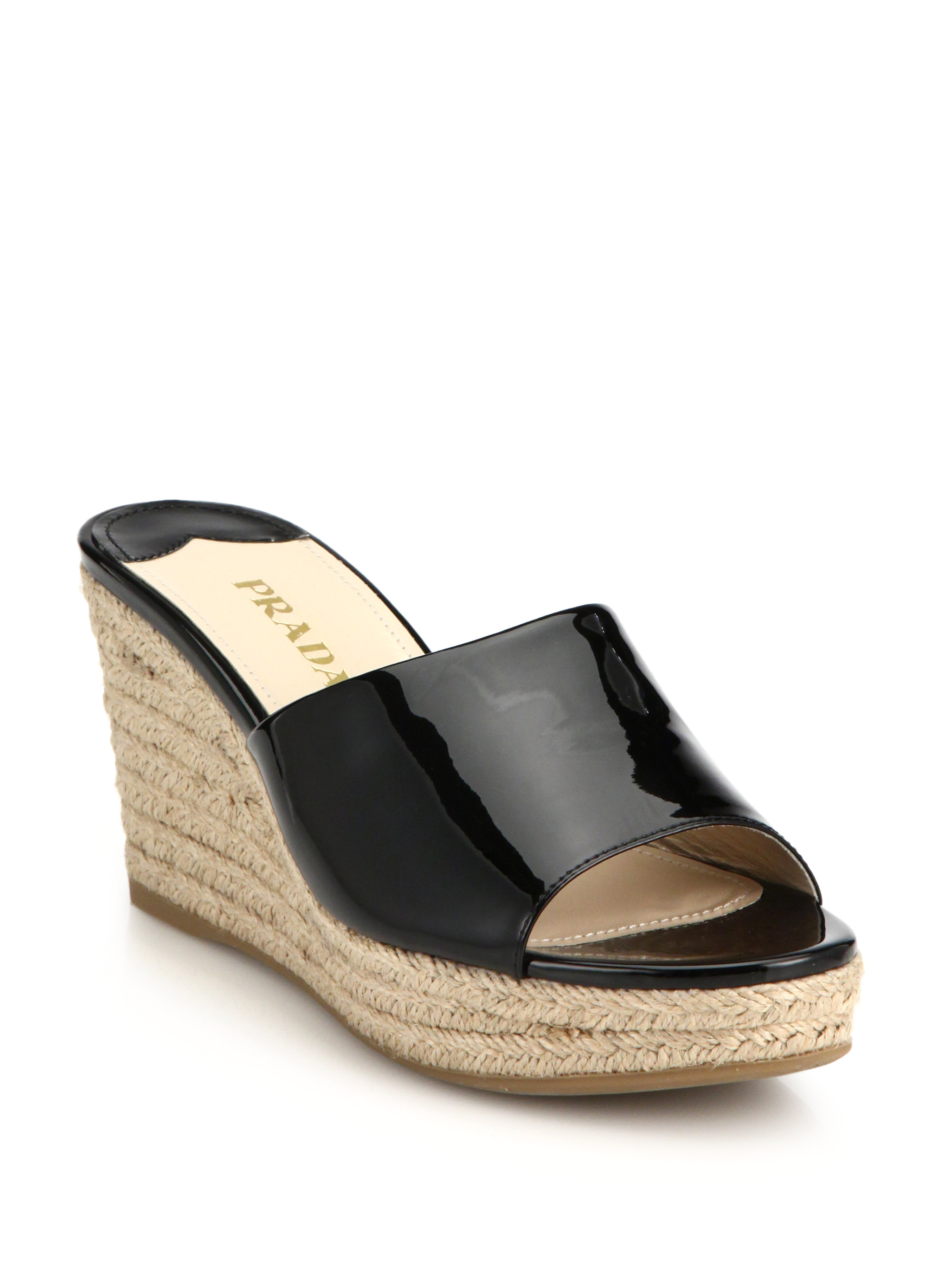 Prada Patent Leather Espadrille Wedge Mule Sandals in Prada Patent Leather Espadrille Wedge Mule Sandals in