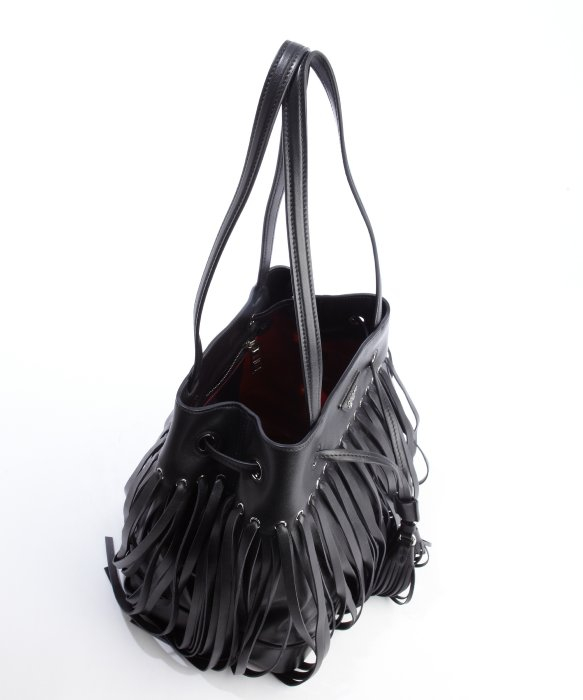 Prada Black Leather Fringe Top Handle Bucket Bag in Black | Lyst
