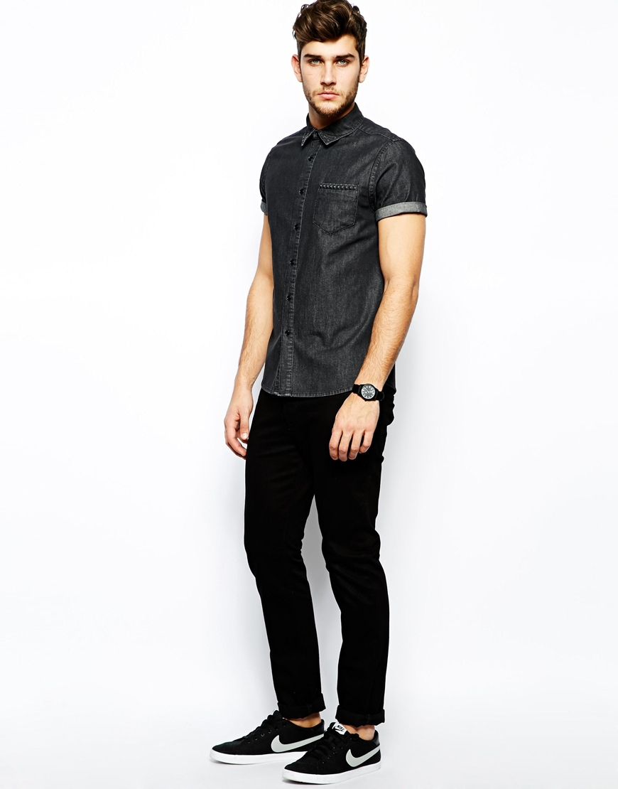 ASOS Denim Shirt In Short Sleeve With Embossed Studs in Black for Men - Lyst