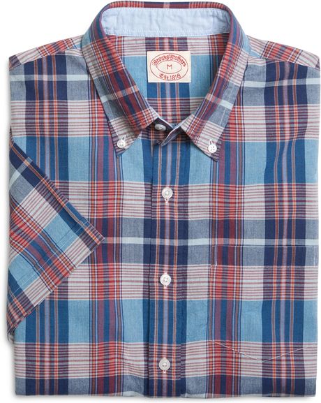 Brooks Brothers Navy With Blue Multi Madras Short-Sleeve Sport Shirt in ...