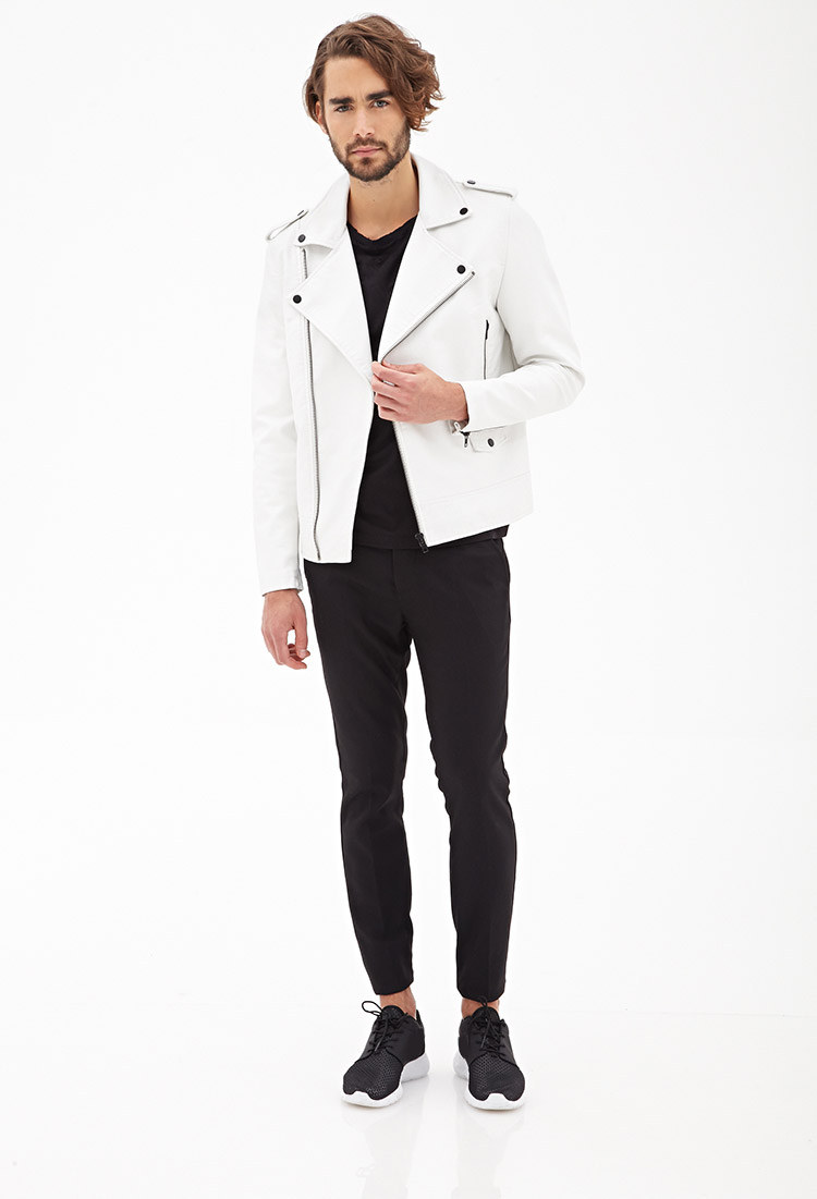 Forever 21 Faux Leather Moto Jacket in White for Men Lyst