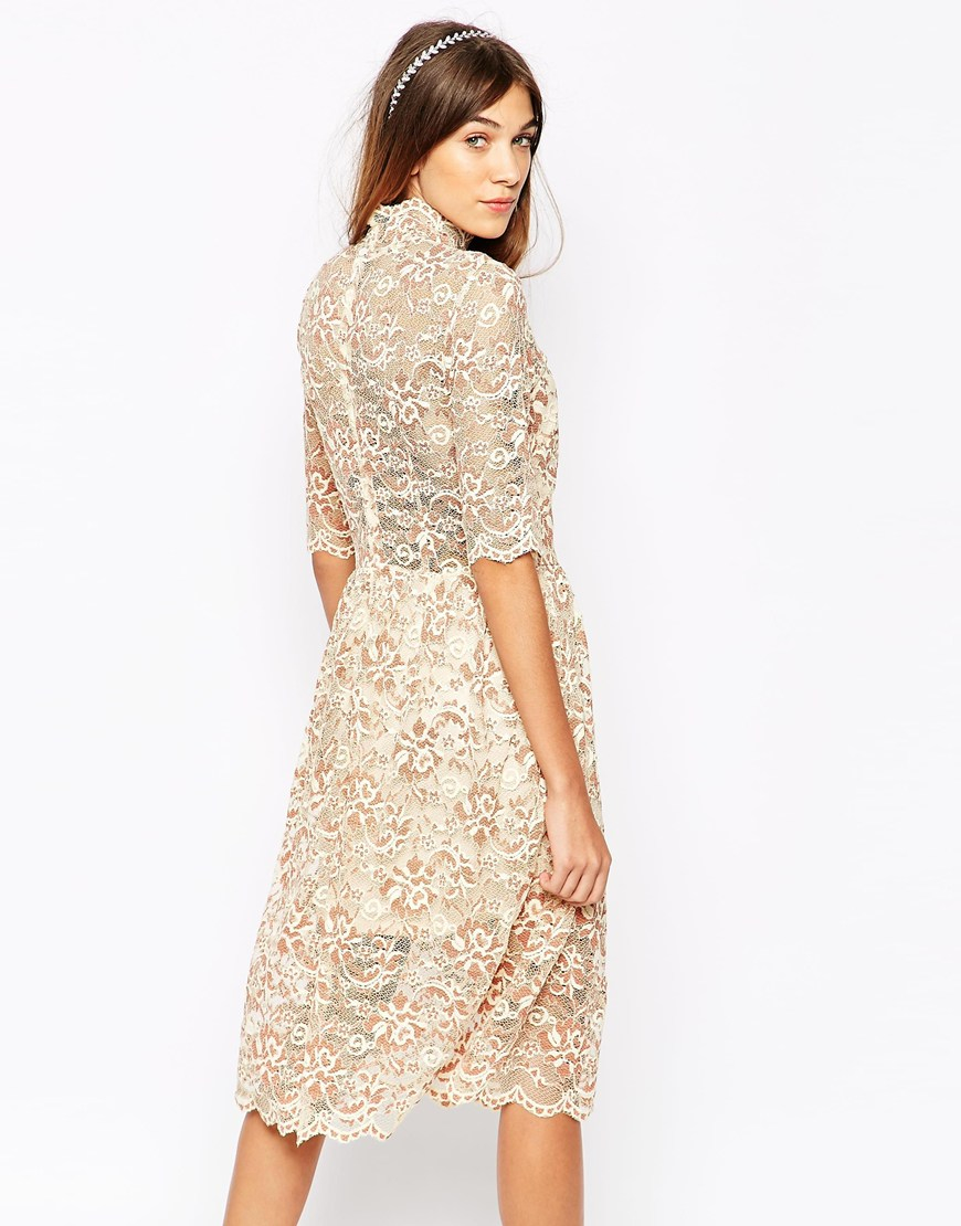 high neck lace midi dress