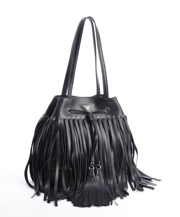 Prada Black Leather Fringe Top Handle Bucket Bag in Black | Lyst