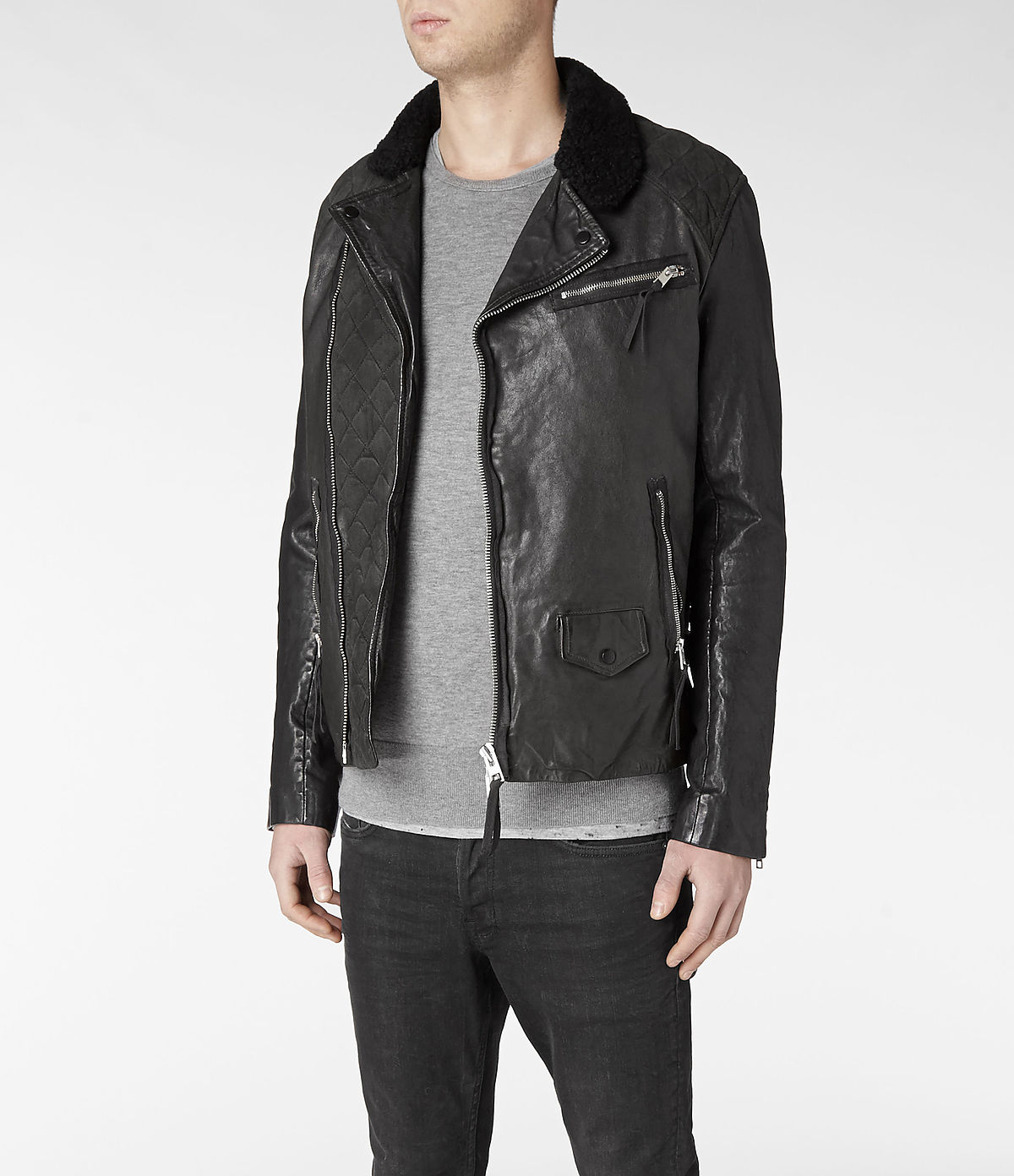 AllSaints Raven Leather Biker Jacket in Anthracite (Gray) for Men - Lyst